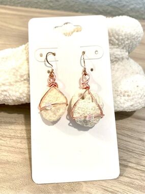 58. Handmade White Coral Drop Earrings with Rose Gold Wire from Cozumel, MX